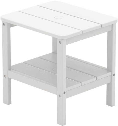 SERWALL Double Layer Adirondack Side Table with Umbrella Hole, HIPS Outdoor Side Table Rectangular End Tables for Patio, Poolside, Garden, White by SERWALL