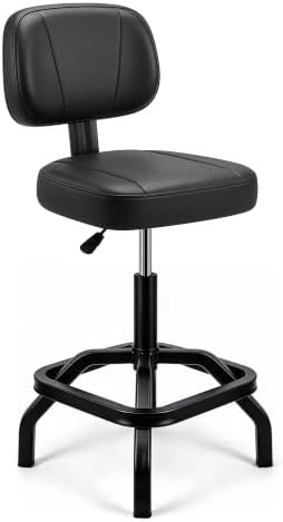 Shop Stool, Garage Stool with Backrest, Mechanic Chair for Workshop, Black by Fastes