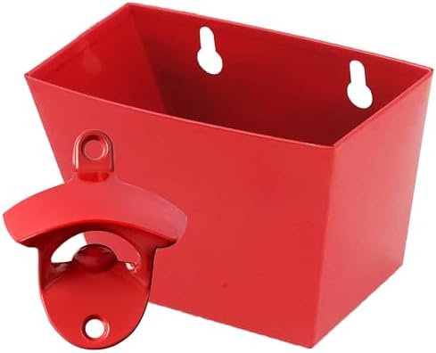 Red Bottle Opener Wall Mounted and Cap Catcher with Drain Holes by Wallmountedbottleopener