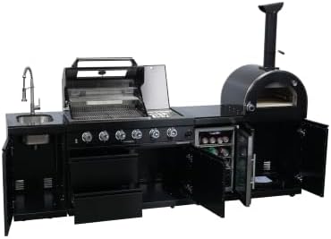 112" Outdoor Kitchen Island, 4-Burner Propane Grill, Pizza Oven, Black - Image 6