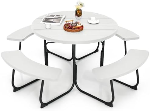 Tangkula 8 Person Round Picnic Table with 4 Built-in Benches, White by TANGKULA