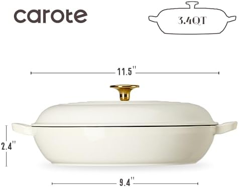 CAROTE 3.4QT Enamel Cast Iron Cookware, Skillet with Lid, White Dutch Oven - Image 2