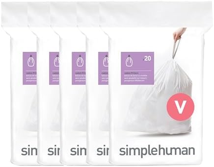 simplehuman Code V 100 Count Custom Fit Liners, Drawstring Kitchen Trash Bags, One-by-One Mess-Free Dispense, Extra Thick & Double Seamed, 50% PCR Plastic, 16-18 Liter / 4.2-4.8 Gallon, White by Unknown