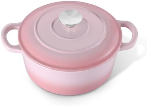 E-far 3 Qt Enameled Cast Iron Dutch Oven with Lid, Small Round Nonstick Dutch Oven Pot for Bread Baking Braising Stews Roasting Cooking, Heavy Duty, Induction & Oven Safe - Pink by E-far