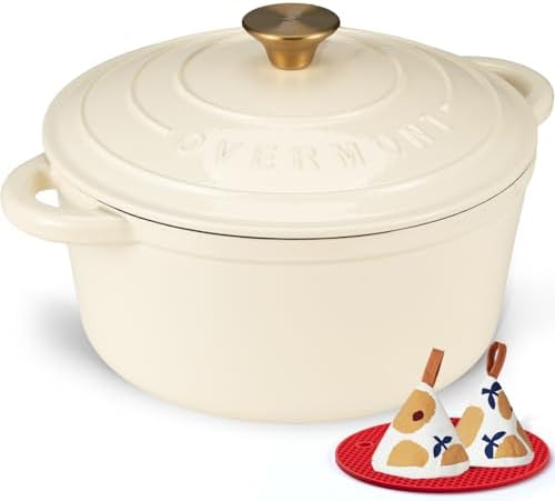 Overmont Enameled Cast Iron Dutch Oven - 7QT Pot with Lid Cookbook & Cotton Potholders - Heavy-Duty Cookware for Braising, Stews, Roasting, Sourdough Baking Cream White by Overmont