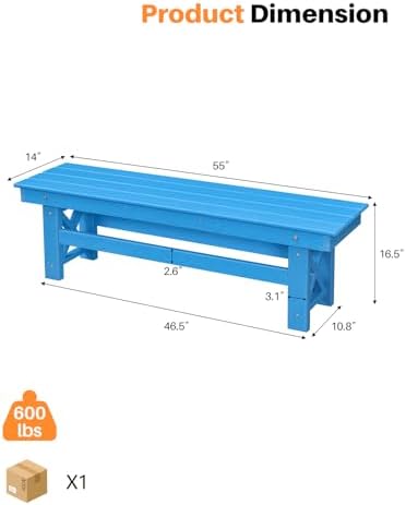 HDPE Outdoor Bench, 55" Patio Bench Outdoor Furniture, Poly Lumber Adirondack Benches, All Weather HDPE Patio Garden Backless Benches for Park, Poolside, Deck, Porch, Sky Blue - Image 4