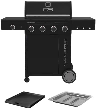 Charbroil Performance Series 4‑Burner Gas Grill Bundle – Black Cabinet Grill with Side Burner with Griddle Insert & Gas2Coal Charcoal Tray by Charbroil