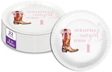 Pink Bows Cowgirl First Birthday - 32 Piece Disposable Party Supplies - Decorations for Girl's 1st Birthday Round Party Plates - Large 9" Paper Plates In Bulk by BirthdayGalore