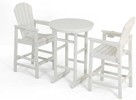3-Piece White Counter Height Bar Dining Set with 1.96-inch Center Hole, 42.1" HDPE Indoor/Outdoor Round Bar Table with 2 Bar Stools, All-Weather Patio Bistro Set for Deck, Balcony, Poolside & Coastal - Image 6