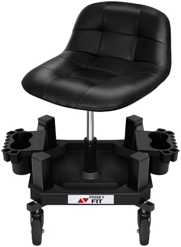 Rolling Stool with Wheels, Adjustable Shop Stool Mechanic Seat, Garage Shop Roller Work Chair, Mobile Rolling Seat with Tool Tray, 2 Cup Holders, 4" Casters, 350 LBS, Heavy-Duty, Black by FreekyFit