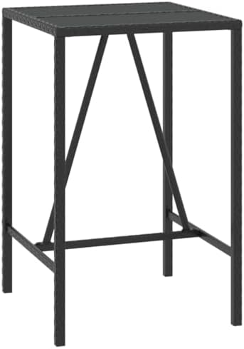 Bar Table Glass Top Poly Rattan, Kitchen, Outdoor Tables, Deck, Patio, Dining, Ideal for Garden, Balcony - Black - Image 3