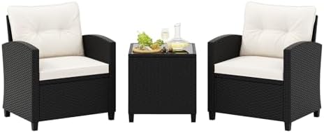 Tangkula 3 Piece Patio Furniture Set, Rattan Conversation Set w/Soft Seat & Back Cushions, Tempered Glass Topped Coffee Table, Cushioned Wicker Seating Set for Backyard, Porch, Poolside (Off White) by TANGKULA