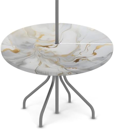 Fitted Round Tablecloth with Umbrella Hole and Zipper Marble Liquid Texture Outdoor Elastic Table Cloth 36"-44" Oil-Proof Waterproof White Gold Marble Patio Table Cover for Party Outdoor by GzLeyigouHomeKitchen