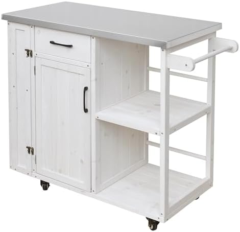 Outdoor Kitchen Island Cart with Stainless Steel Top, Rolling Grill Table with Storage Cabinet Drawer Shelves and Towel Rack, Wooden BBQ Prep Station with Lockable Wheels for Patio Backyard, White - Image 6