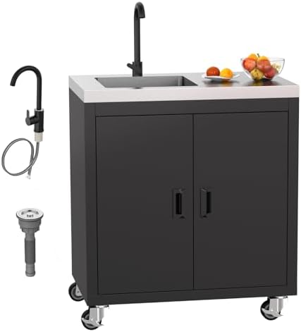 ROVSUN Stainless Steel Utility Sink with Cabinet & Wheels, Outdoor Heavy-Duty Freestanding Prep Grill Cart Sink for Backyard, Kitchen, Garage, Laundry, Garden Use 34.5" D x 19.6" W x 35.4" H by ROVSUN