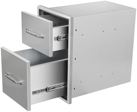 Outdoor Kitchen Drawers 14" W x 21" H x 21" D Flush Mount Double BBQ Drawers with Chrome Handle Stainless Steel Drawer for Outdoor Kitchen Island, Patio Grill Station by SGOLAN
