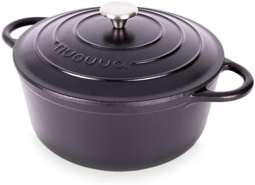 Nuovva Enamelled Cast Iron Dutch Oven Pot with Lid – 6.4 Quart Non Stick Casserole Pot – Heavy Duty & Oven Safe up to 500° F for Bread Baking, Braising, Stews, Roasting – 28cm Black by Nuovva