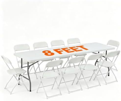 8 FT Plastic White Folding Table Set with 10 White Folding Chairs by WelcometoEDWINENE