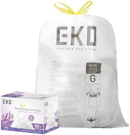 EKO 21 Gallon / 50-90 Liter, 60 Count Drawstring Trash Bags, Extra-Strong Garbage Bags, Lavender Scent with Continuous Odor Control, Easy-Dispense Roll for Kitchen and Household Use, Code G, White by Unknown