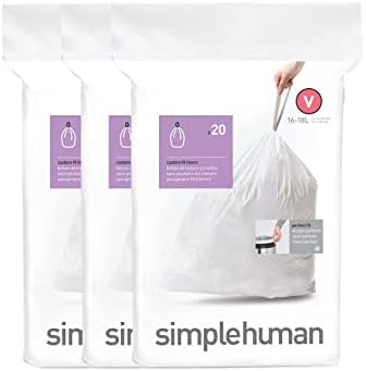 simplehuman Code V 60 Count, Dispenser Pack Custom Fit Liners, Drawstring Trash Bags, 16-18 Liter / 4.2-4.8 Gallon, White by Simplehuman