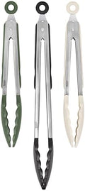 Tovolo Stainless Steel Tongs with Silicone Tip 9” 9” 12 Inch Oatmeal Thyme Green Black Heat Resistant Kitchen Tongs for Cooking Grilling Air Fryer, Stainless Steel Dishwasher Safe Metal Tong Set of 3 by Tovolo