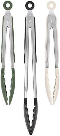 Tovolo Stainless Steel Tongs with Silicone Tip 9” 9” 12 Inch Oatmeal Thyme Green Black Heat Resistant Kitchen Tongs for Cooking Grilling Air Fryer, Stainless Steel Dishwasher Safe Metal Tong Set of 3 by Tovolo