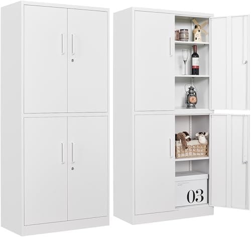 Metal Storage Cabinet with 3 Adjustable Shelves,White Storage Cabinet with Lock,71" Lockable Metal Cabinets with Locking Doors,Tall Steel Pantry Cabinets 4 Door for Home,Office,Garage,Bathroom,Kitchen by SISESOL