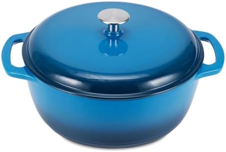 Amazon Basics Enameled Cast Iron Dutch Oven Pot With Lid, 7.3-Quart, Round, Dual Handles, Heavy-Duty, Oven Safe for Stews, Roasting & Baking, Blue by AmazonBasics