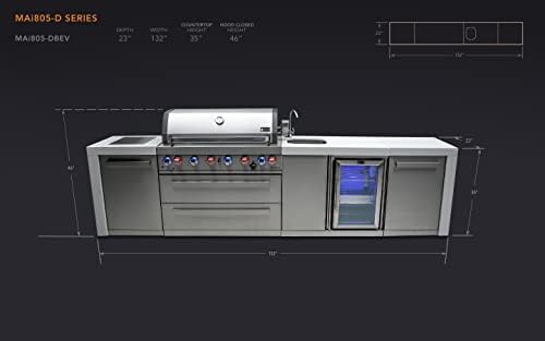 Mont Alpi 132"W x 23"D x 46"H Deluxe Stainless Steel Outdoor Kitchen Island with Refrigerator Faucet & Sink Combo + 44"W 6-Burner BBQ Grill + Granite Countertops + Storage Cabinets + Drawers + Cover - Image 2