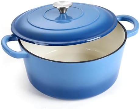 E-far 6 Quart Enameled Cast Iron Dutch Oven with Lid, Round Dutch Oven Pot Nonstick Cookware for Braising, Stews, Roasting, Bread Baking, Cooking, Heavy Duty, Induction & Oven Safe - Blue by E-far
