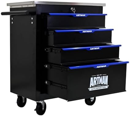 4-Drawer Heavy-Duty Rolling Steel Tool Cart with Handle&Wheels, Metal Storage Organizer Cabinet, Tool Chest for Efficient Tool Storage in Garage, Warehouse, Workshop, Repair Shop, Blue by Unknown