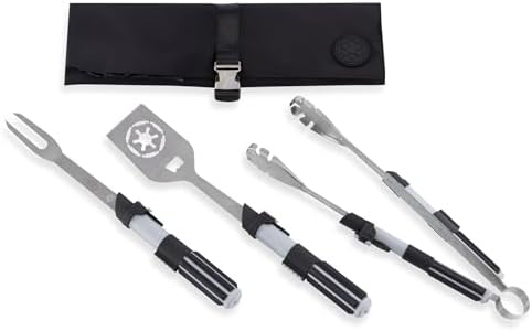 Picnic TIME Star Wars Darth Vader BBQ 3 Pcs Grill Tool Set with Case, Stainless Steel Barbecue Utensils, Saber Handle Tongs Fork Spatula with Bottle Opener, Portable Canvas Roll Up Case, (Black) by PicnicTimeFamilyofBrands