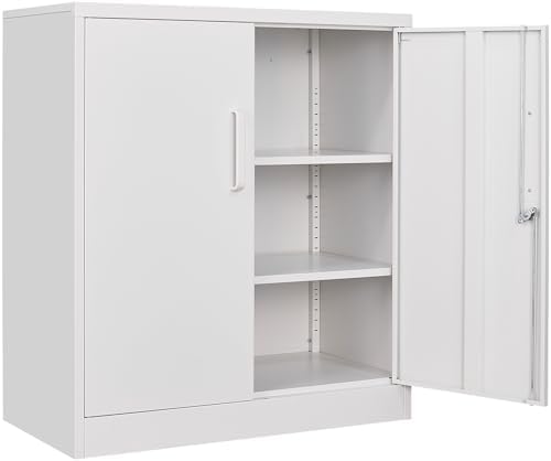 SISESOL White Metal Storage Cabinet with Doors and Shelves,36 inch Small Metal Cabinet with Lock,Short Garage Storage Cabinets,Locking Steel Cupboard for Home,Office,Kitchen,Garages by SISESOL