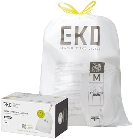 EKO 10.6 Gallon / 35–40 Liter Drawstring Trash Bags, 60 Count Heavy-Duty Tall Kitchen Garbage Can Liners, Extra-Strong Leak-Resistant, Unscented, White, Code M by Unknown
