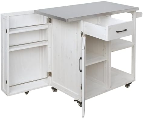 Outdoor Kitchen Island Cart with Stainless Steel Top, Rolling Grill Table with Storage Cabinet Drawer Shelves and Towel Rack, Wooden BBQ Prep Station with Lockable Wheels for Patio Backyard, White - Image 7
