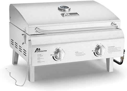 Lifemaster Portable Stainless Steel Gas Grill - 2 Burners Easy Clean Tabletop BBQ Propane Gas Grill with Foldable Legs and Wind Proof Lid for Camping and Outdoor - Silver by LIFEMASTER