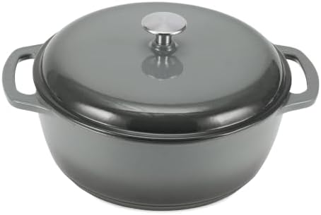 Amazon Basics Enameled Cast Iron Dutch Oven Pot With Lid, 6-Quart, Round, Dual Handles, Heavy-Duty, Oven Safe for Stews, Roasting & Baking, Gray by AmazonBasics