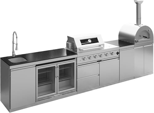 150" Outdoor Kitchen Island,108,000 BTU, Natural Gas BBQ Grill with Pizza Oven,Rotisserie,Double Door Refrigerator,Granite Countertop,Storage Cabinets & Drawers,Stainless Steel Build. - Image 6