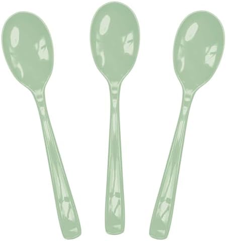 SietDESEO 25 PCS Sage Green Plastic Spoons Disposable Utensils Heavy Duty Sage Green Spoons Disposable Cutlery for Birthday Wedding Baby Shower Bridal Shower Plastic Silverware by SietDESEO