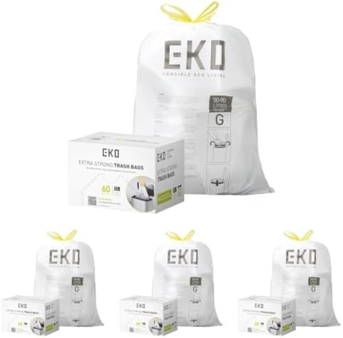 EKO 21 Gallon / 50-90 Liter, Drawstring Trash Bags, Extra-Strong Unscented Garbage Bags, Easy-Dispense Roll for Kitchen & Household Use, Code G, White 60 Count (Pack of 4) by Unknown