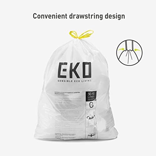 EKO 21 Gallon / 50-90 Liter, Drawstring Trash Bags, Extra-Strong Unscented Garbage Bags, Easy-Dispense Roll for Kitchen & Household Use, Code G, White 60 Count (Pack of 4) - Image 3