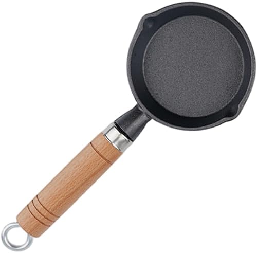 Mini Cast Iron Skillet, 4 Inch Round Non-Stick Mini Frying Pan with 2 Pouring Spout, Portable Small Egg Pan with Hanging Wooden Handle for Stove Gas Induction Hob - Image 5