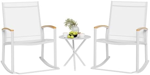 Shintenchi 3 Piece Outdoor Rocking Bistro Set, Textilene Fabric Small Patio Furniture Set, Front Porch Rocker Chairs Conversation Set with Table for Lawn, Garden, Balcony, Poolside (White) by Shintenchi%7CFurnitureMadeforRealLife