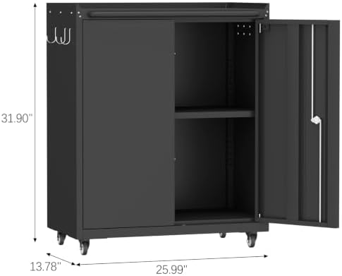 IRONFFICE Metal Storage Cabinet with Wheels,Lockable Steel Rolling Storage Cabinet with 2 Doors for Garage,Home Office,Assembly Required,Black - Image 3