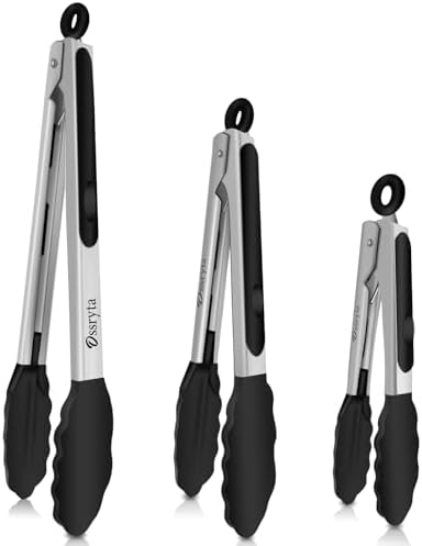 Kitchen Tongs with Silicone Tips - Heat Resistant 600°F Stainless Steel Cooking Tong Set, Non-Stick 7" 9" 12" Locking Silicone Tongs for Cooking, Grilling, Serving & Baking (3-Piece, Black) by Unknown