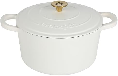 Crock-Pot Artisan 5-Quart Round Dutch Oven – Matte Linen White with Gold Knob, Enameled Cast Iron Cookware by Crock-PotBrand