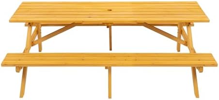 75'' Rectangular Outdoor Dining Table Wooden Patio Dining Table & 2 Built-in Bench for 8, 2" Umbrella Hole, Suitable for Backyard Garden Porch, Natural - Image 4
