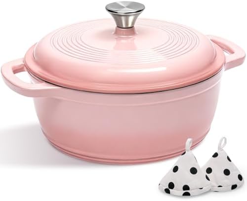 Cast Iron Dutch Oven Pot With Lid - AIVIKI 5QT Enameled Dutch Oven for Bread Baking With Cotton Potholders - Heavy- Duty Cookware Across All Cooktops, Wedding Registry Ideas & Gifts, Pink by AIVIKI