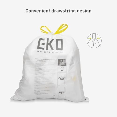 EKO 4 Gallon / 10-15 Liter, 80 Count Small Drawstring Trash Bags, Extra-Strong Unscented Garbage Bags, Easy-Dispense Roll for Kitchen & Household Use, Resists Tears, Leaks and Punctures, Code C, White - Image 3