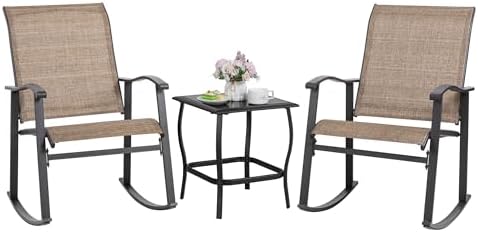 Shintenchi Rocking Chair Outdoor with Table, 3 Piece Rocking Patio Bistro Set, Outdoor Furniture Set with Metal Frame and Textilene Fabric for Small Space, Brown by Shintenchi%7CFurnitureMadeforRealLife